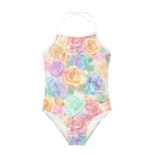 Image of KiuLoam Orange Pink Tropical Leaf Girls One Piece Swimsuit Quick Dry Beach Swim Bathing Suit for 3-8 Years Little Girls