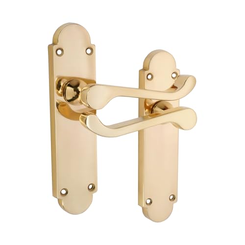 Image of Infinity Decor Pair of Polished Brass Victorian Scroll Lever on Half Round Backplate Latch Door Handles Set - Ideal for Internal & Exterior Doors 