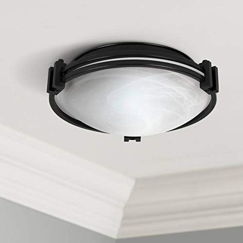Possini Euro Design Art Deco Modern Ceiling Light Flush Mount Fixture Oil Rubbed Bronze 12 3/4" Wide Marbleized Glass Bowl Shade For House Bedroom Hallway Living Room Bathroom Dining Kitchen #TOP20