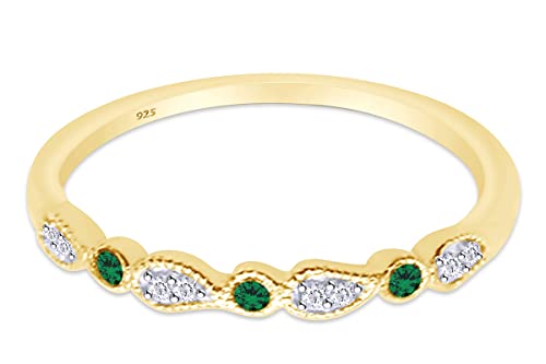 AFFY Round Cut White Natural Diamond & Simulated Green Emerald Stackable Leaf Wedding Band Ring In 14K Gold Plated 925 Sterling Silver (Clarity : I2-I3, Color : I-J, 0.12 Cttw)3