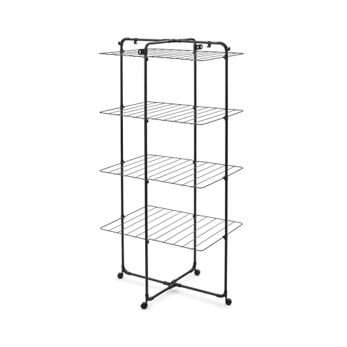 Brabantia HangOn Tower Drying Rack, 30m (Matt Black), Tall Foldable Clothes Rack, Space-Saving Laundry Drying Stand with Wheels and Hooks