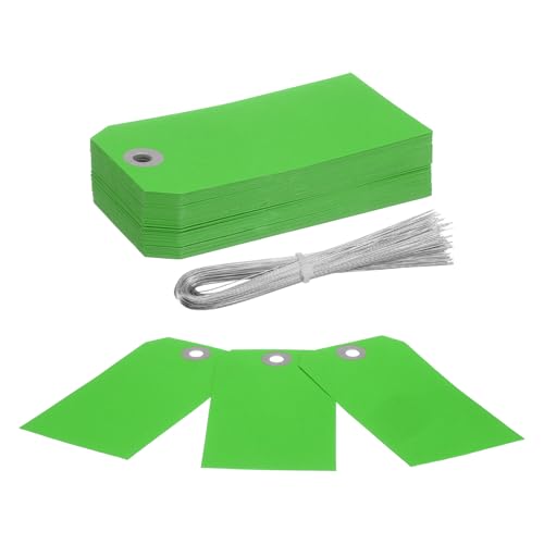 QUARKZMAN 100 Stück Hängeetiketten, Versandetiketten mit Drahtschnur, Papieretiketten zum Beschriften, für Gepäck, Kleidung, Weinflaschen (12,1 cm x 6 cm, Grün)