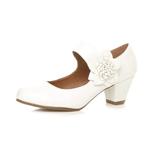 Image of AJVANI mid Chunky Heel Mary Jane Flower Padded Comfort Shoes Size 6 39 White