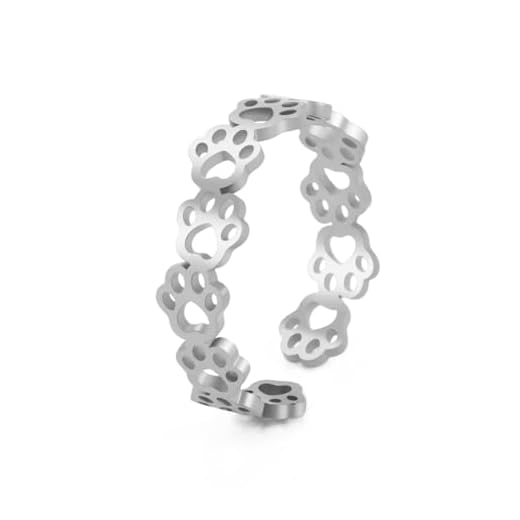 Lindo anel com estampa de pata de animal vazado coração de amor para mulheres e homens, aço inoxidável, empilhável, garra, gato, ajustável, adoráveis pegadas de filhotes, joias modernas para amantes