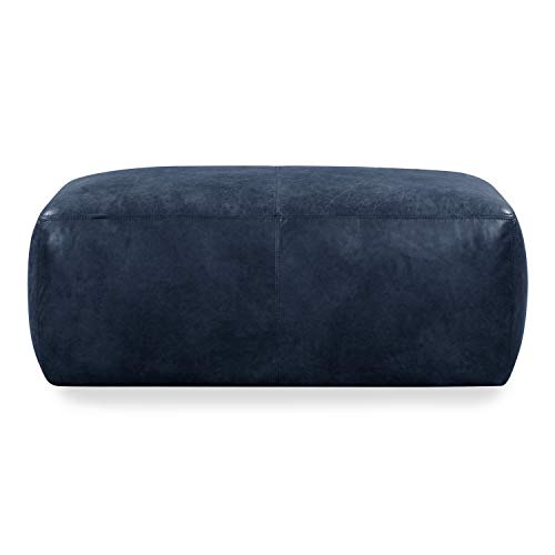 POLY & BARK Denver Ottoman – 43\" Large Pouf with Feather-Down Topper – Full-Grain Leather Upholstered Pouf Ottoman for Living Room – Vintage Italian Leather in Midnight Blue - Thumbnail 4