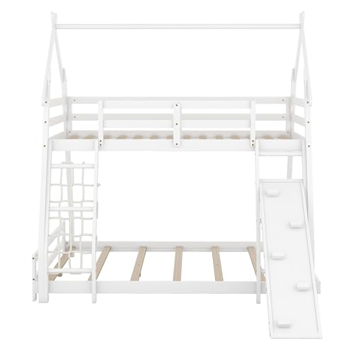 Harper & Bright Designs White Twin Over Queen Bunk Bed with Climbing Nets and Climbing Ramp,Wooden Playhouse Bunk Beds for Kids,Girls & Boys,No Box Spring Needed - Thumbnail 7