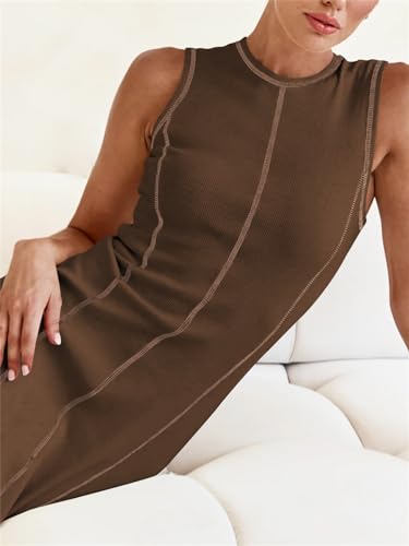 Image of Women's 2025 Summer Sundress Elegant Casual Crew Neck Sleeveless Knit Striped Bodycon Maxi Dress
