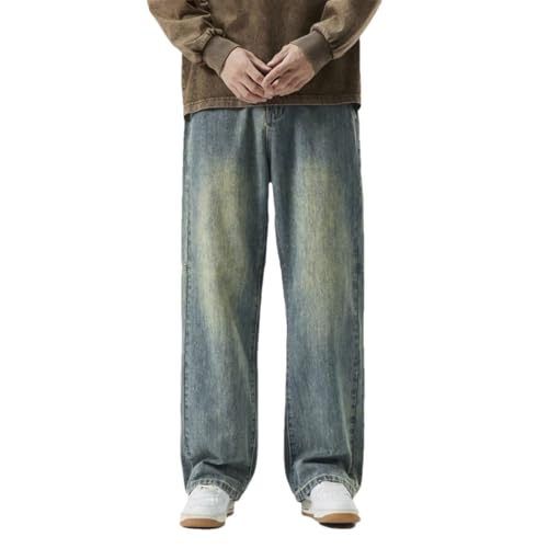 Men Vintage Jeans with Pockets Denim Trousers Straight Loose Street Splicing Casual Pants