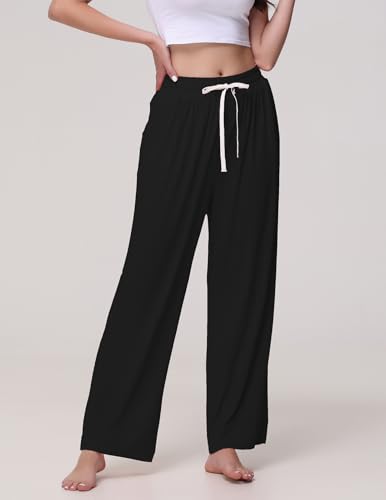 Image of Veseacky Women's Wide Leg Lounge Pants Yoga Pajamas Comfy Stretch Drawstring Pajamas Puls Size Dance Bottoms S-4XL