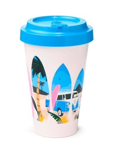 Puckator VW Volkswagen Camper Bus Waves are Calling Reusable Travel Cup Mug 400ml Out of Recyc' Plastic Bottles Thermos Insulated Travel Coffee Mug Tumbler Coffee Cup with Lid Leakproof Drink Flask