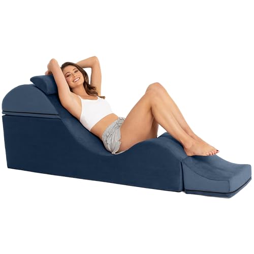 Avana Kami Convertible Chaise/Bed Bench for Yoga & Massage - 2-in-1 End of Bed Ottoman with Concealed Fold Out Yoga Lounge Chair, 18" Wide, Microvelvet Ink Blue