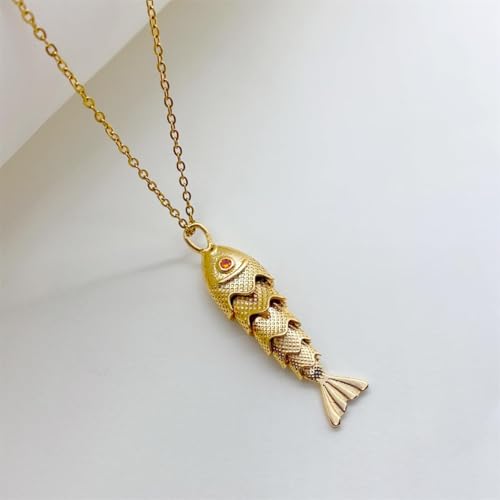 Articulated Fish Pendant Necklace, Gold-Tone Chain, Crystal Eye Detail3