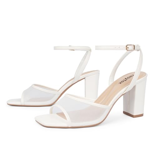 Image of Easyfox Open Toe Chunky Heel Sandals for Women Ankle Strap 3 Inch High Heels Dress Wedding Block Shoes