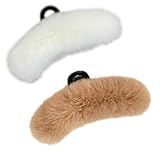 KKlewu バンスクリップ ラビットファー ふわふわ 2枚入れ もこもこ ヘアクリップ 上品 可愛い ヘアアクセサリー 秋冬 大きめ (ホワイト+茶色, 総長15cmクリップ11cm)