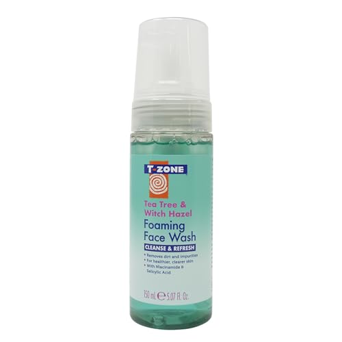 T-Zone Tea Tree & Witch Hazel Foaming Face Wash 150ml, Gentle Cleanser with Salicylic Acid & Niacinamide for Acne, Blemishes, Blackheads & Oil Control, Clear Skin Formula for Sensitive Skin