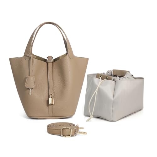 Image of JINGSHIYI Bucket Bag for Women Genuine Pebbled Leather Top Handle Satchel Tote, Large Capacity Crossbody Handbag Grey