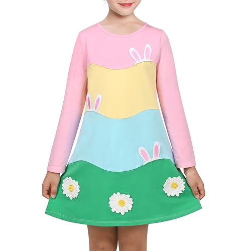 Sunny Fashion Mädchen Kleid Ostern Hase Regenbogen Baumwolle Stickerei Beiläufig Langarm Gr. 104,Regenbogenhase,104