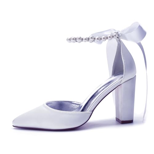 Women's Pearl Black Wedding Shoes for Bride High Heels Pointed Toe Bridal Shoes Satin Block Heels Prom Party Dress Pumps Sandals 132-9 Size 8 by Anna's Bridal - Used condition - Image 3