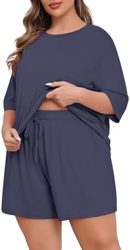 Lastshe Womens Plus Size Pajama Set 2 Piece Soft Short Sleeve with Pockets Shorts Sleepwear Knit Pjs Lounge Set Sweatsuits