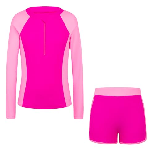 Dolxico Girls Rash Guard Swimsuits 2 Piece Long Sleeve Bathing Suits UPF 50+ Half Zip Color Block Boyshorts for Tweens Girls' Summer Swimwear Size 11-12 Years(Rosered)