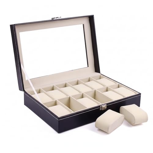 Porta Relógios | Caixa Organizadora de Relógios com 12 Compartimentos – Estojo de Couro Sintético Preto com Interior em Veludo Bege
