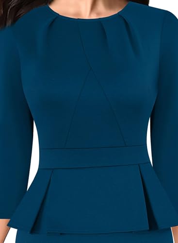 Image of VFSHOW Womens Pleated Crew Neck Peplum Slim Work Business Dress Elegant 3 /4 Sleeves Office Church Bodycon Pencil Sheath Dress