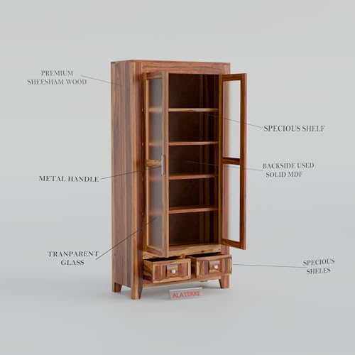 Image of Solid Wood Display Cabinet with Acrylic Glass Doors & Storage Drawers | Modern Wooden Bookcase & Crockery Unit for Living Room, Dining Room & Home Decor (Natural Finish)