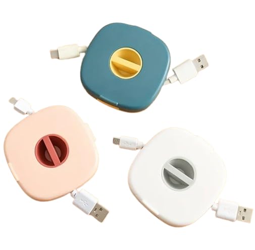 iCare Retractable Cable Organizer Box - Handsfree Cord Winder & Storage Solution, Pack of 3 (Blue, White, Pink)