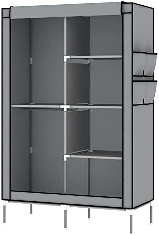 LOEFME Canvas Wardrobe, Portable Fabric Wardrobe with 2 Clothes Hanging Rails and 4 Shelves, Bedroom Furniture Clothes Storage Organiser, Foldable Closets,Dustproof and Waterproof Grey