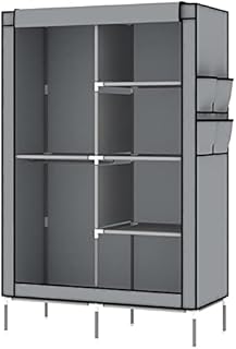 LOEFME Canvas Wardrobe, Portable Fabric Wardrobe with 2 Clothes Hanging Rails and 4 Shelves, Bedroom Furniture Clothes Storage Organiser, Foldable Closets,Dustproof and Waterproof Grey