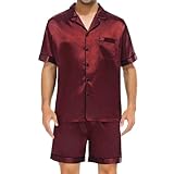 Men Silk Satin Pajamas Set Short Sleeve Button Down PJ Set Sleepwear with Pockets（burgundy-XL）