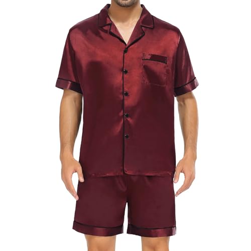 Men Silk Satin Pajamas Set Short Sleeve Button Down PJ Set Sleepwear with Pockets（burgundy-XL）