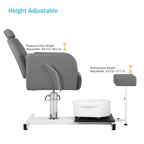 EtherealZYF Reclining Pedicure Chair with Foot Massage Basin & Stool, Hydraulic Adjustable Pedicure Chair Station, 360° Rotation Beauty Spa Salon Unit Station Gray