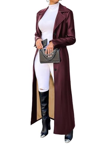 utcoco Womens Faux Leather Long Trench Coat Lapel Collar Button Down Maxi Overcoat Duster Jacket for Fall & Winter
