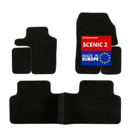 DBS - Tapis de Sol Voiture - sur Mesure - Adapté à Votre Renault Scenic 2 (06/2003-03/2009) Antidérapant : Clips de Fixation et Autogrip - 3 pièces : Protection du Pont arrière - Moquette