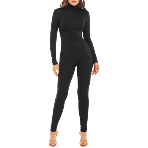 FEESHOW Justaucorps de Danse Femme Body Pantalon Slim Fit Longue Bodysuit Combinaison à Manche Longue Jumpsuit Leotard Bodysuit Sport Fitness Running Gym Yoga Noir S