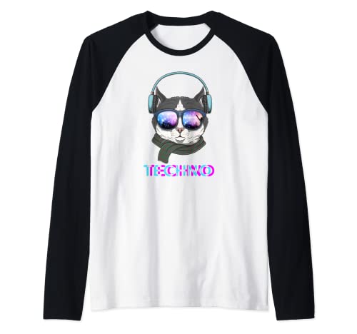 Techno Cat EDM DJ - Auriculares de diadema con diseño de gato Camiseta Manga Raglan