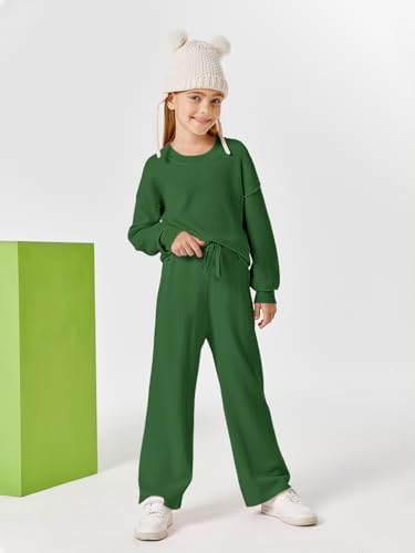 Image of Haloumoning Girls 2 Piece Outfits Kids Long Sleeve Crewneck Sweater Drawstring Wide Leg Long Pants Sweatsuits Sets 5-14T