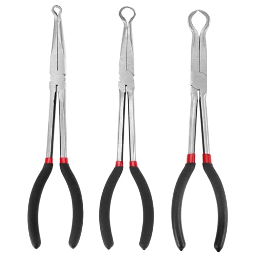 QWORK 3Pcs 11" Hose Gripper Plier Set, Black & Red, Carbon Steel with Non-Slip PVC Handles, Offset Spark Plug Boot Removal Tools
