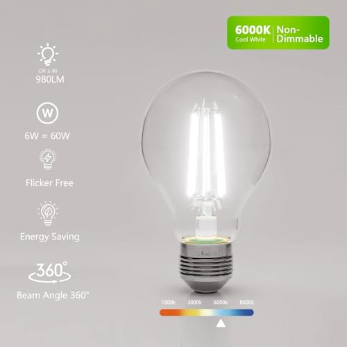 Lumlog A60 E27 LED Vintage Light Bulbs Cool White 6000K, 6W Edison Screw LED Filament Bulb 60W Equivalent, Energy Saving Non-Dimmable 980LM 2Pack [Energy Class C] - Image 8