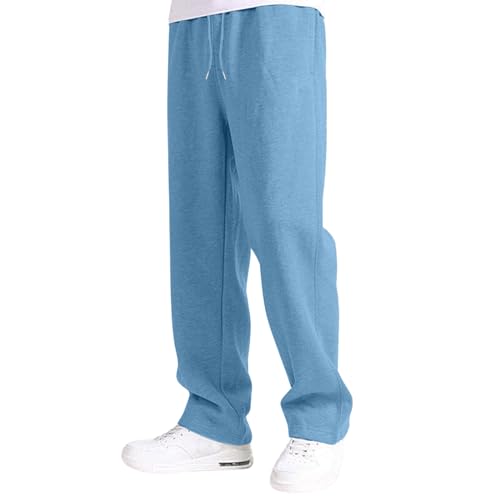 OUMSHBI Mens Joggers Fleece Lined Tracksuit Sweatpants Oversized Open Hem Straight Wide Leg Jogging Trousers with Pockets Elastic Waist Drawstring Workout Gym Mens Jogging Bottoms Light Blue