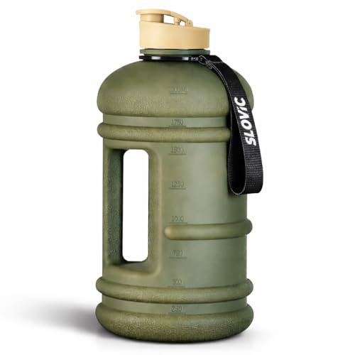 SLOVIC Gallon Water Bottle 2 + Litre | Gym Motivational Sipper Water Bottle for Adults | 100% BPA Free & Leakproof | 2 Litre Sipper for Men & Women with Ergonomic Handle | Dark Green | 2200 ML