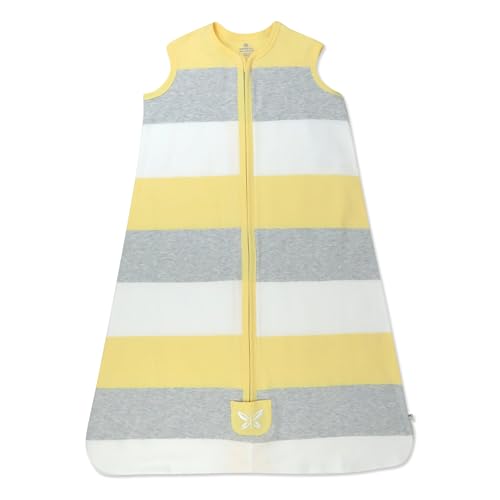 HonestBaby Zip Front Wearable Blanket 100% Organic Cotton for Infant Baby Boys, Girls, Bold Stripe Banana Butter, Medium