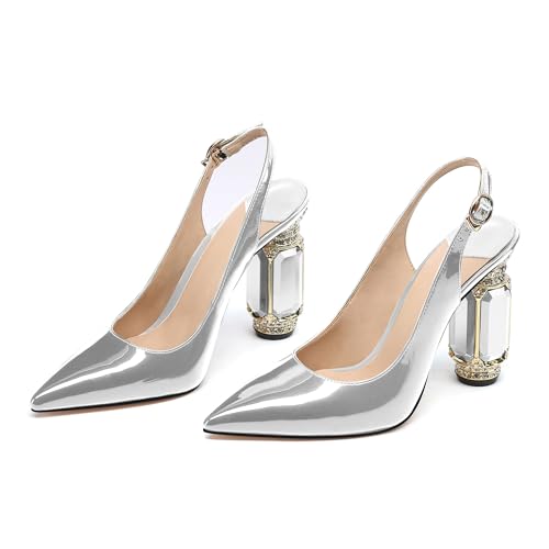 Image of JANSEVEN Women Chunky Heels Pumps Crystal Block Heels with Rhinestones Pointed Toe Sexy Gradient Patent Leather Slip on Bridal Party Wedding Dress Shoes 5-13 M US