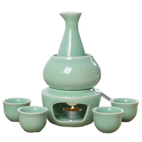 Youlines 酒器セット、酒器4個付き、伝統工芸で熱燗と冷酒に使用でき、焼酎と日本酒に最適、保温器付き、ギフトにも最適 (C)