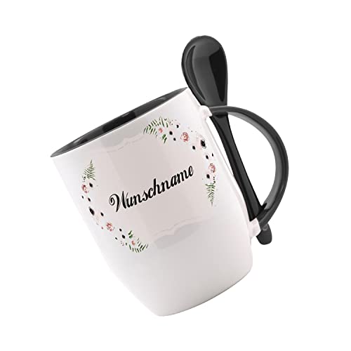 Crealuxe Löffeltasse'Wunschname Namenstasse Name Floral' personalisiert, Kaffeetasse mit Motiv, Bürotasse