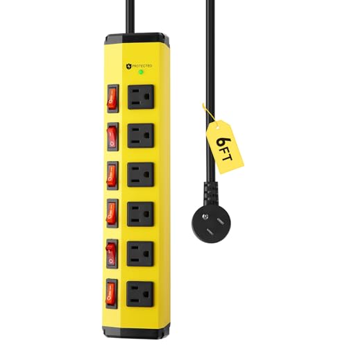 KeBen 6 Outlet Heavy Duty Power Strip with Individual Switches Metal Mountable Power Outlet-1200J Surge Protection 14AWG 6FT Flat Plug Extension Cord 15A 1875W
