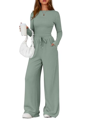 PRETTYGARDEN Matching Sets Women Clothing 2025 Fall Fashion Travel 2 Piece Lounge Sets Long Sleeve Crop Top Wide Leg Pants