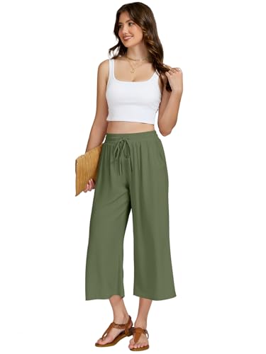 VUTRU Womens Pants Wide Leg Casual Summer Cropped Elastic Waist with Pockets Lounge Trousers for Work Travel Vacation, Army Green M — view 5