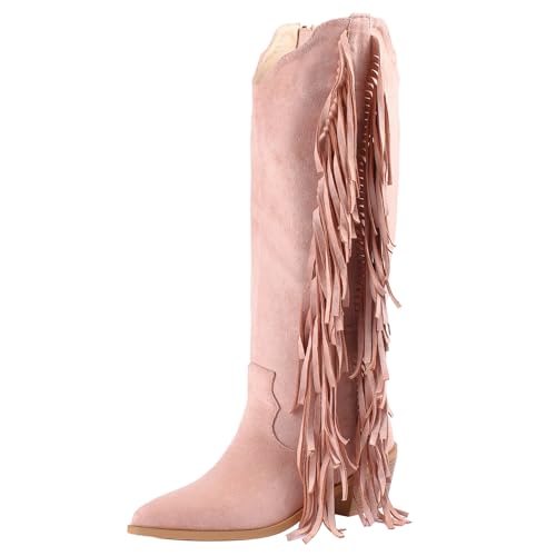 Image of KiutSymo Cowgirl Fringe Boots For Women White Tassels Cowboy Boots Knee High Pointed Toe Western Boots